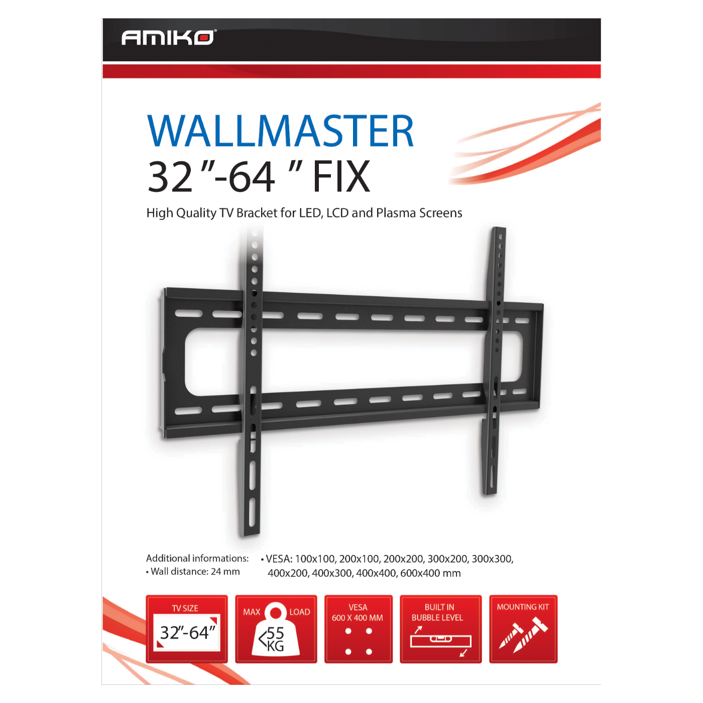 Amiko Nosač zidni za TV prijemnik 32" - 64", 55 kg, 1D - Wallmaster 32-64 FIX