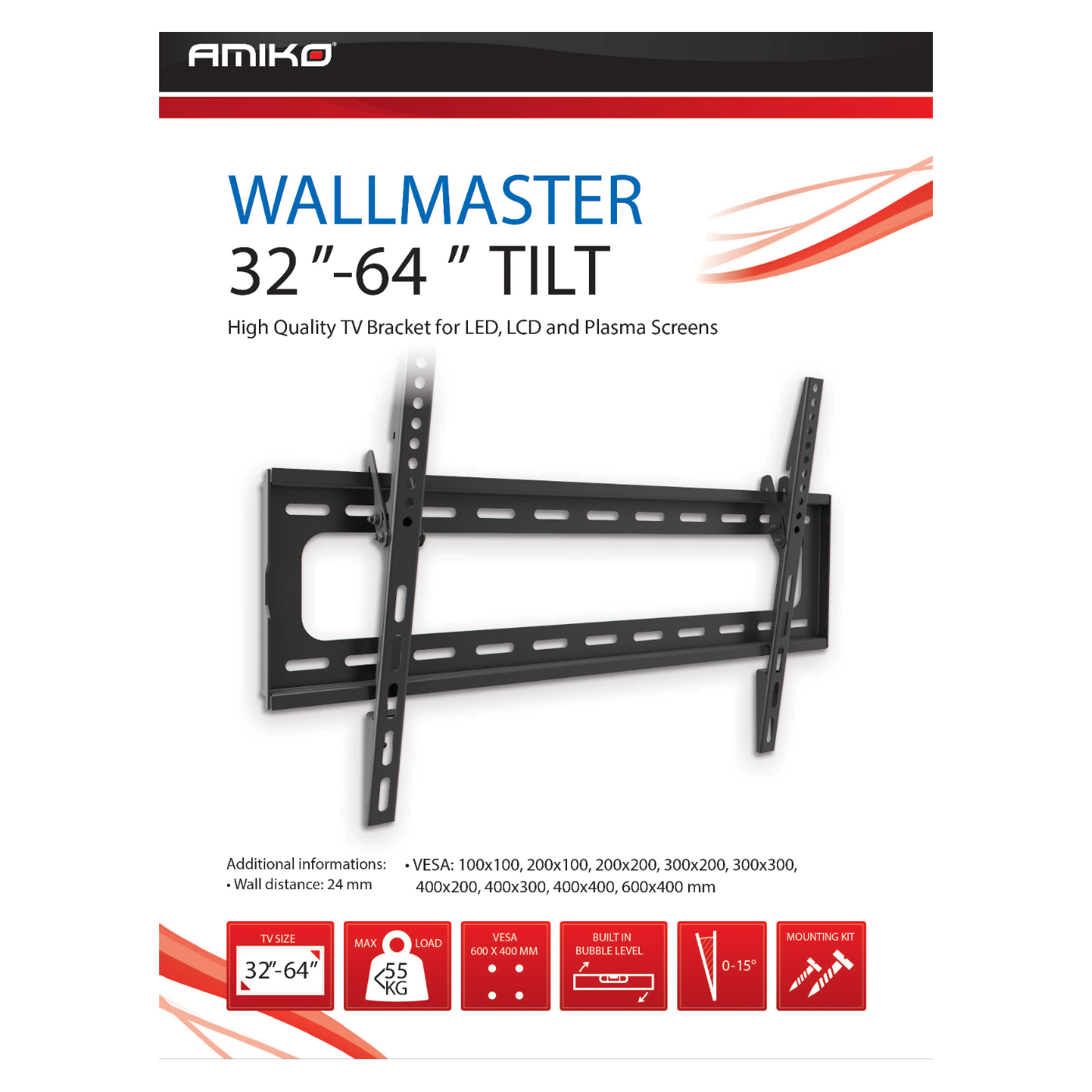 Amiko Nosač zidni  za TV prijemnik 32" - 64", 55 kg, 2D - Wallmaster 32-64 Tilt