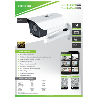 Amiko Home Kamera IP 2 MP, PoE, 1/2.9" SONY CMOS, HD Lens 6mm - B60P200 POE