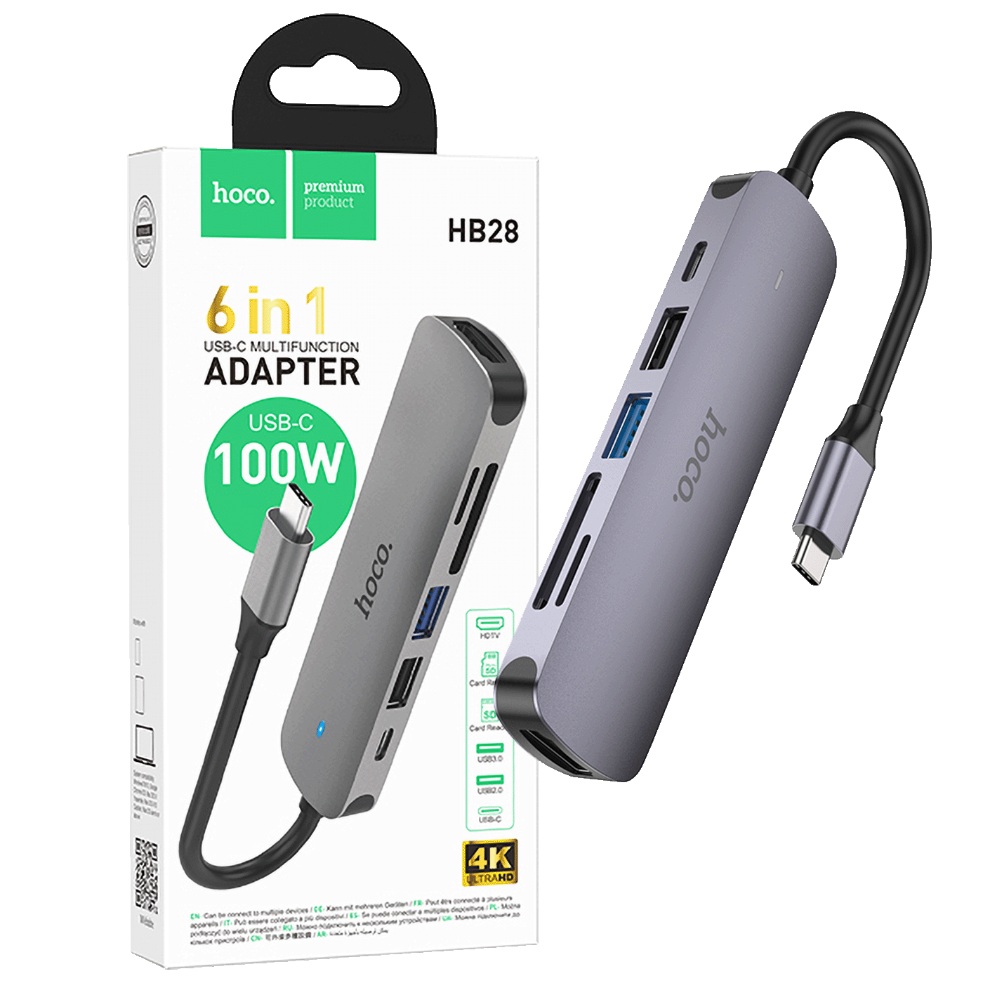 hoco. Konverter USB HUB type C to HDTV, USB3.0/USB2.0/PD/HDMI - HB28