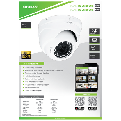 Amiko Home Kamera IP 4 MP, PoE, 1/3" , HD Lens Motorized 2,8 - 12mm - D30M400MF ZOOM POE