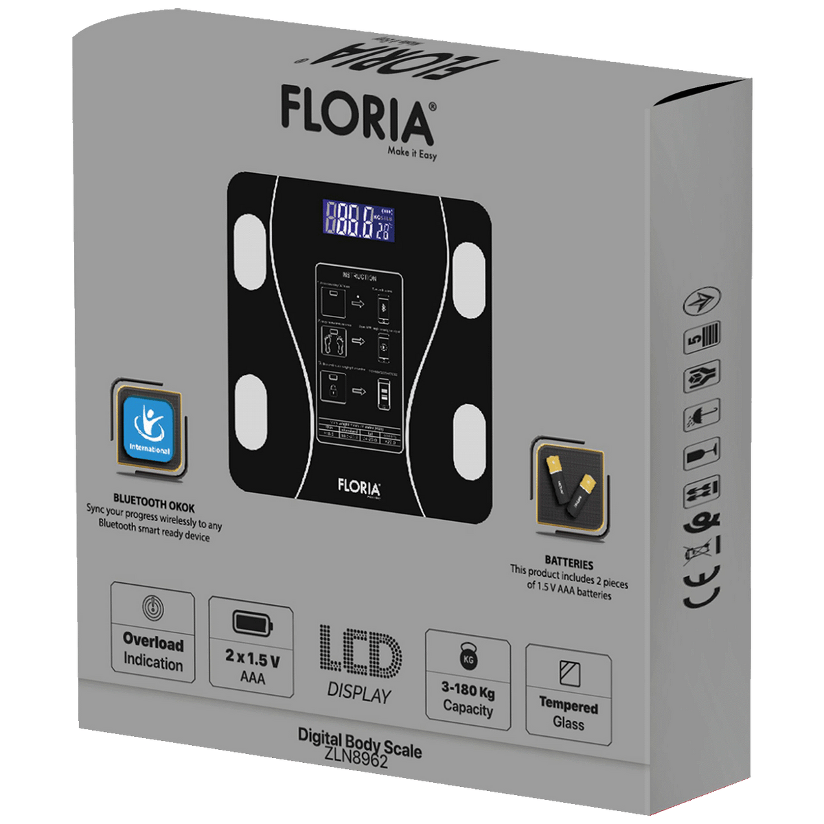 Floria Pametna vaga, tjelesna, do 180 kg, LED zaslon, Bluetooth - ZLN8962