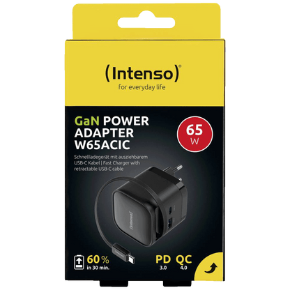 (Intenso) Punjač kučni sa type C kabelom, brzi, 1xUSB-A, 1xUCB-C, 65W - Power Adapter W65ACIC GaN Black