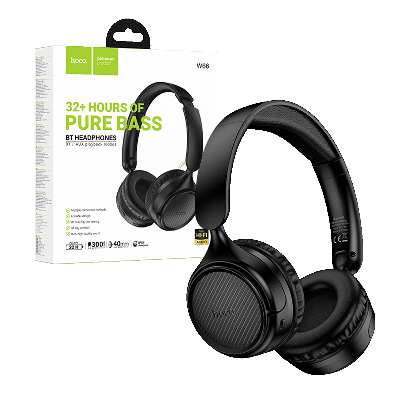 hoco. Slušalice bežične, Bluetooth / AUX - W66 Black