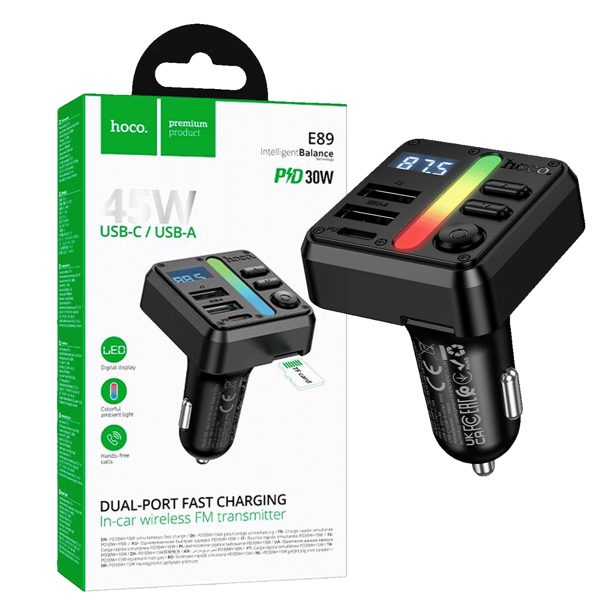 hoco. FM modulator, Bluetooth, 12V/24V, 2xUSB-A, 1xUSB-C, PD/QC - E89