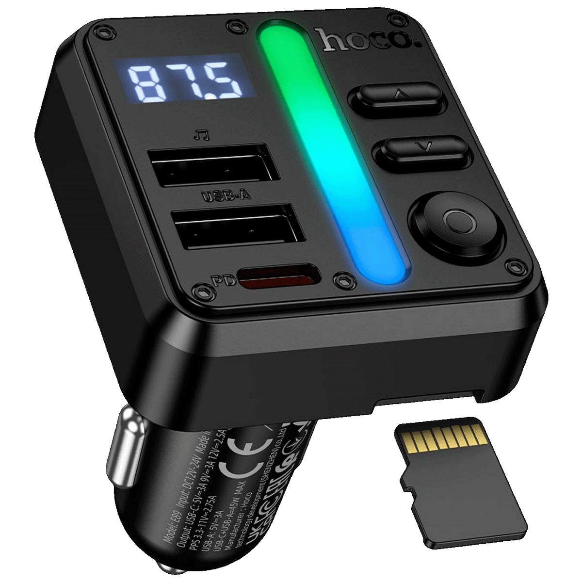 hoco. FM modulator, Bluetooth, 12V/24V, 2xUSB-A, 1xUSB-C, PD/QC - E89