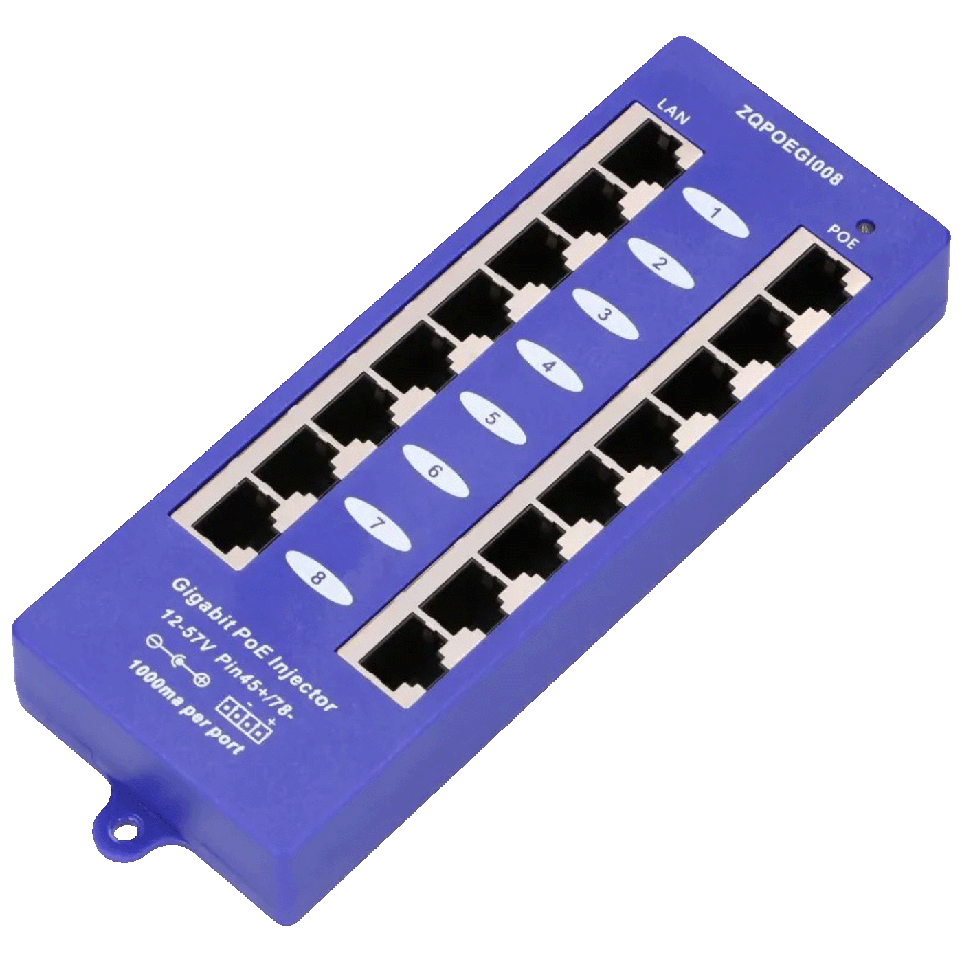 Extralink PoE Injector 8 1000Mb/s RJ45 portova, Mode B, pasivni - 8 Port Gigabit PoE Injector