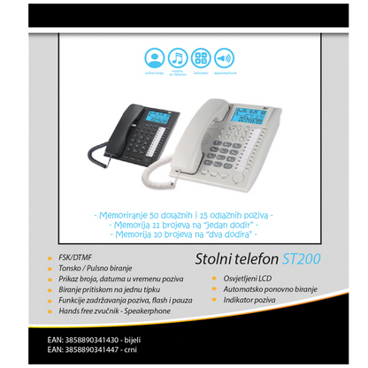 MeanIT Telefon analogni, stolni, LCD zaslon, crni - ST200 Black