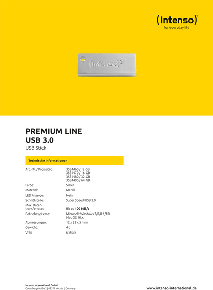 (Intenso) USB Flash 32GB Hi-Speed USB 3.0 up to 100MB/s, Premium Line - USB3.0-32GB/Premium Line