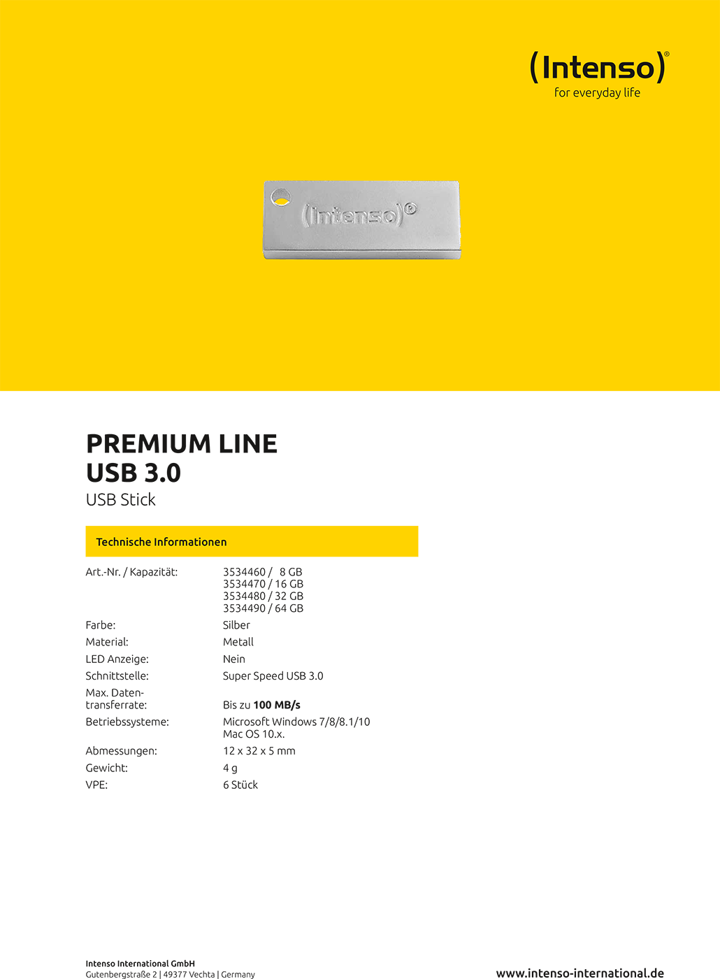 (Intenso) USB Flash 64GB Hi-Speed USB 3.0 up to 100MB/s, Premium Line - USB3.0-64GB/Premium Line