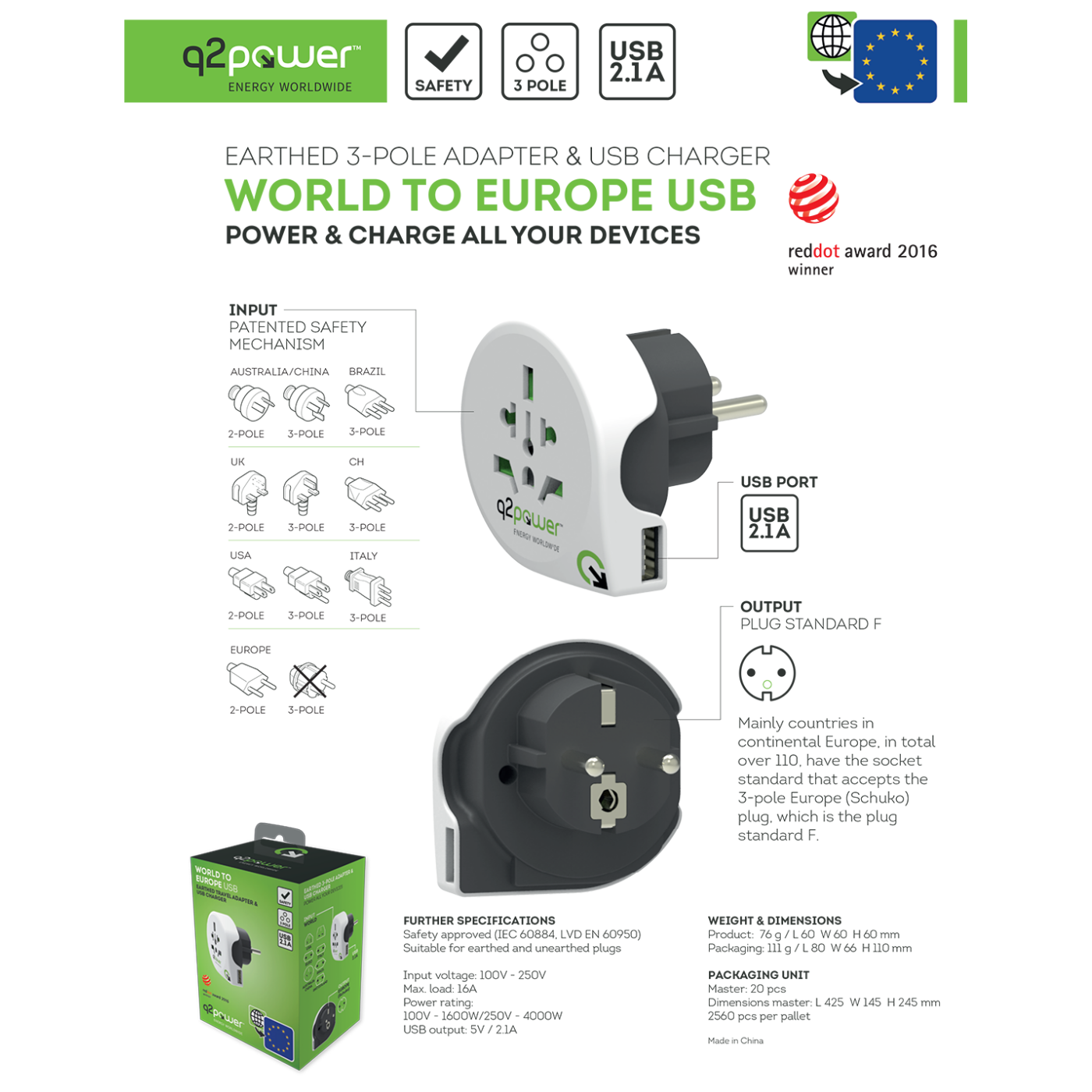 q2power Adapter, putni, univerzalni sa USB-om - WORLD TO EUROPE USB