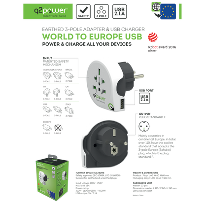 q2power Adapter, putni, univerzalni sa USB-om - WORLD TO EUROPE USB