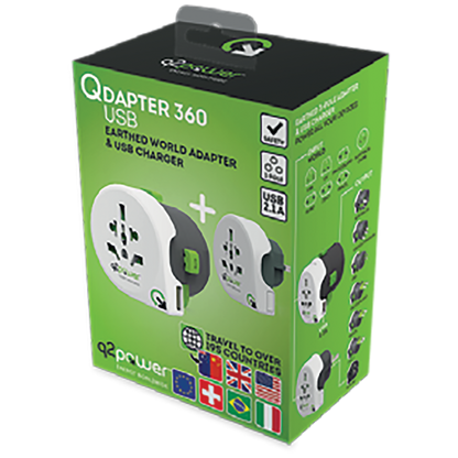 q2power Adapter, strujni, set, univerzalni + EU, USB - QDAPTER 360 USB