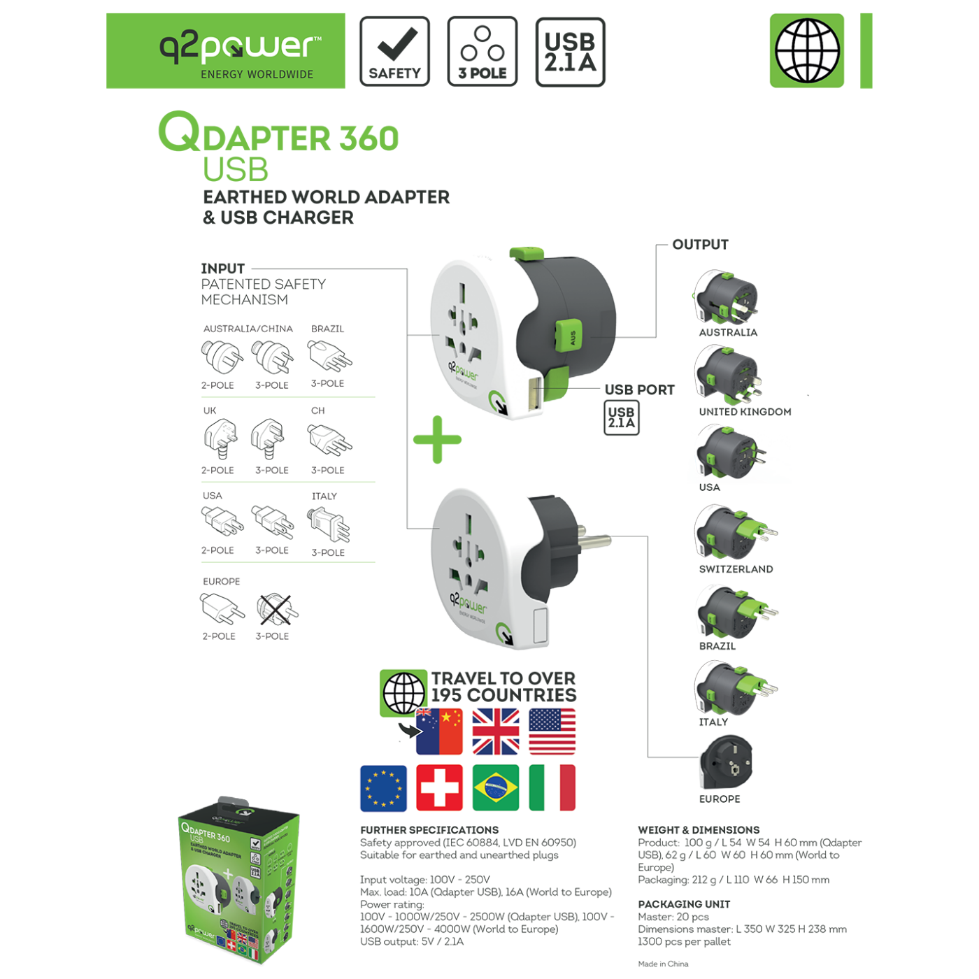 q2power Adapter, strujni, set, univerzalni + EU, USB - QDAPTER 360 USB