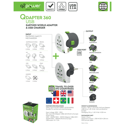 q2power Adapter, strujni, set, univerzalni + EU, USB - QDAPTER 360 USB