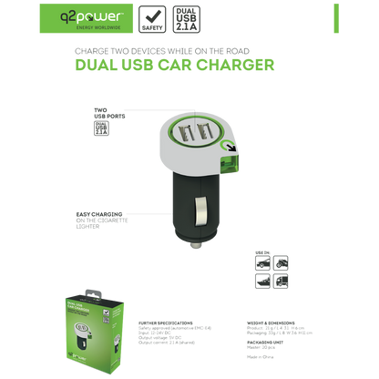 q2power Auto punjač, Dual USB, 2.1A - DUAL USB CAR CHARGER