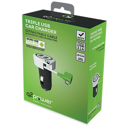 q2power Auto punjač, Dual USB, 3.1A, microUSB - TRIPLE USB CAR CHARGER M