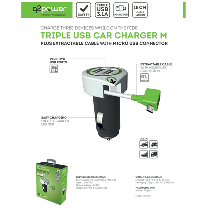 q2power Auto punjač, Dual USB, 3.1A, microUSB - TRIPLE USB CAR CHARGER M