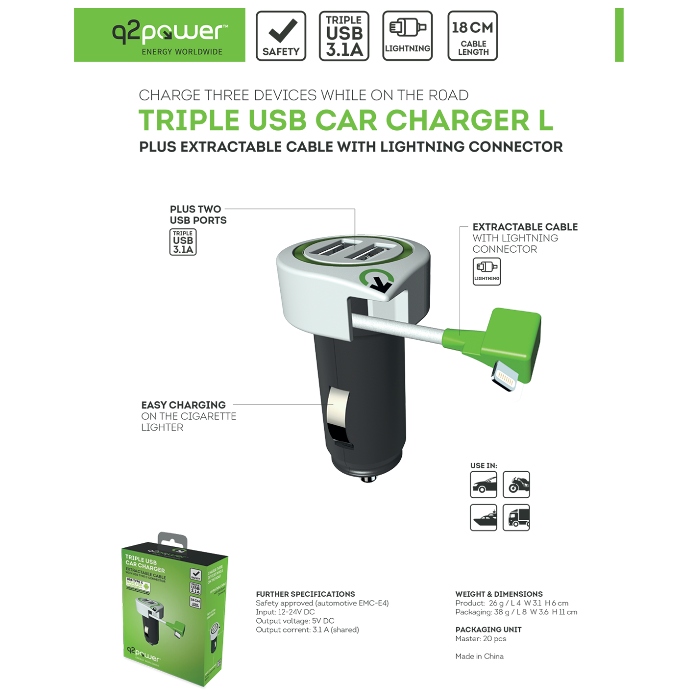 q2power Auto punjač, Dual USB, 3.1A, lightning konektor - TRIPLE USB CAR CHARGER L