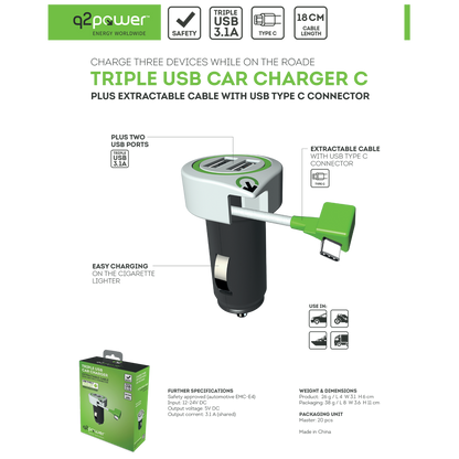 q2power Auto punjač, Dual USB, 3.1A, type C konektor - TRIPLE USB CAR CHARGER C