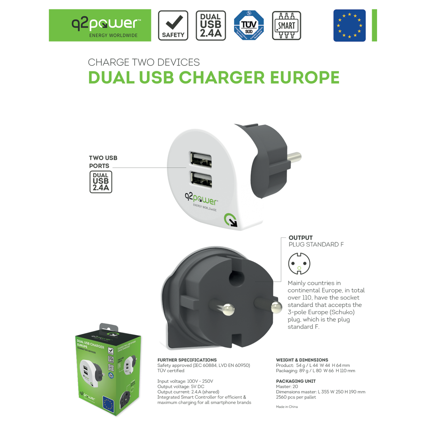 q2power Punjač kućni za smartphone, tablete, 2 x USB, 2.4A - DUAL USB CHARGER EUROPE