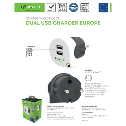 q2power Punjač kućni za smartphone, tablete, 2 x USB, 2.4A - DUAL USB CHARGER EUROPE