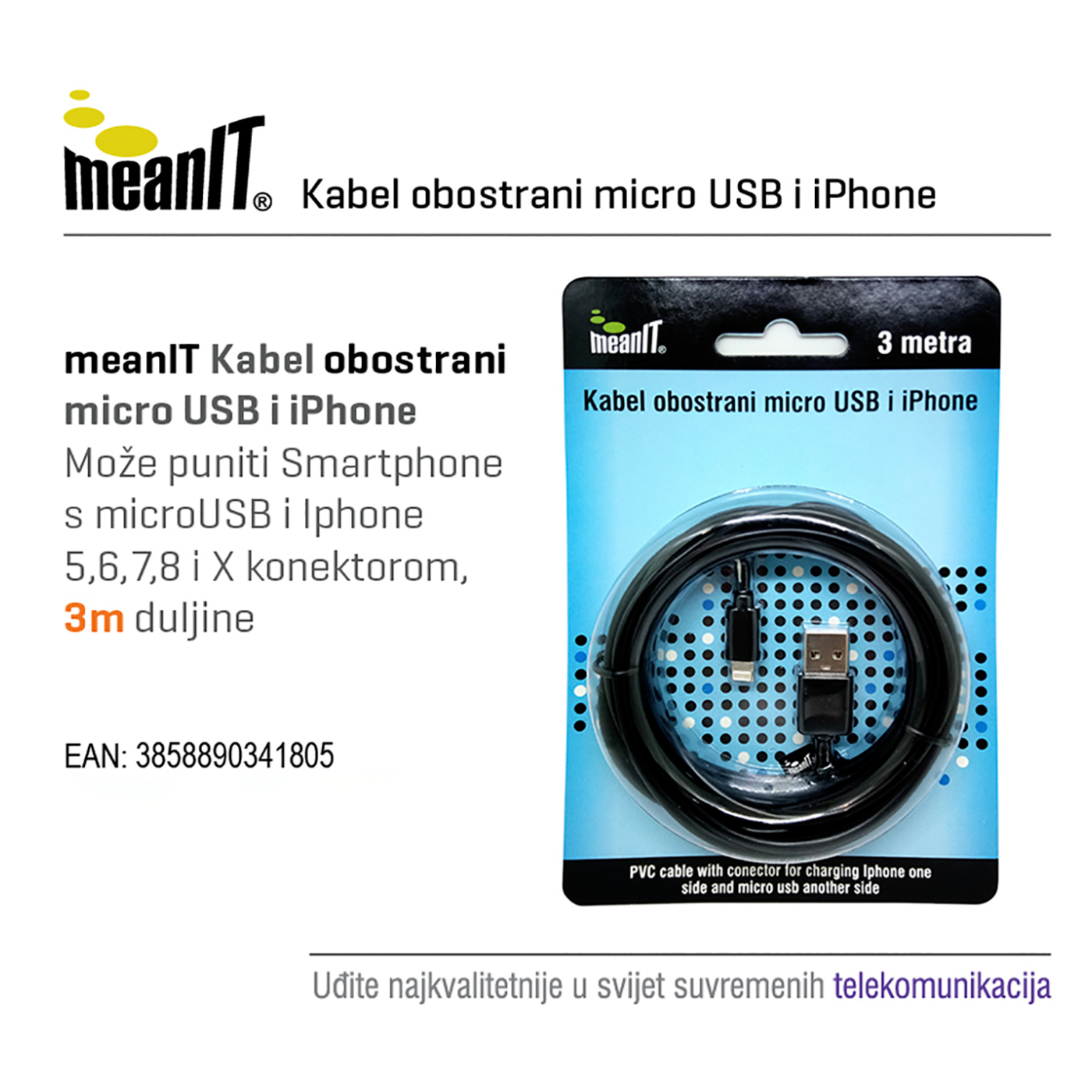 MeanIT USB kabl sa micro USB i iPhone priključkom, 3 met - KABEL MICROUSB / iPHONE