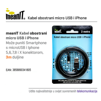 MeanIT USB kabl sa micro USB i iPhone priključkom, 3 met - KABEL MICROUSB / iPHONE