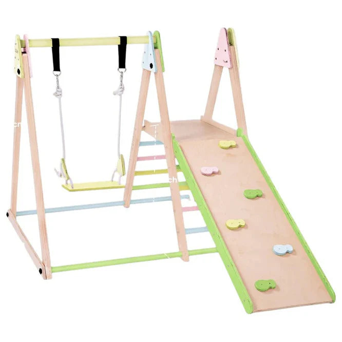 Dječiji Drveni Set GINGER HOME 4 u 1 – Ljuljačka, Tobogan, Penjalica i Rampa za Penjanje, 120x112x114 cm