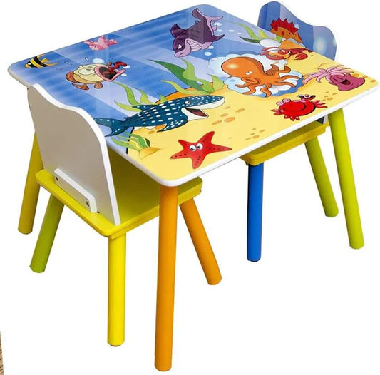 Dječiji Drveni Sto i Stolice GINGER HOME sa Morskim Životinjama – Set za Crtanje, Igru, Učenje i Obroke