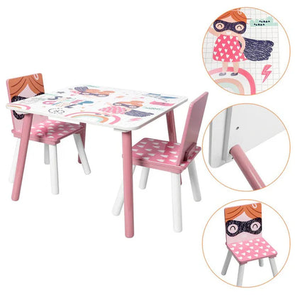 Dječiji Drveni Sto sa 2 Stolice, Set za Učenje, Igru, Crtanje i Obroke, Bijelo-Rozi - SUPER GIRL