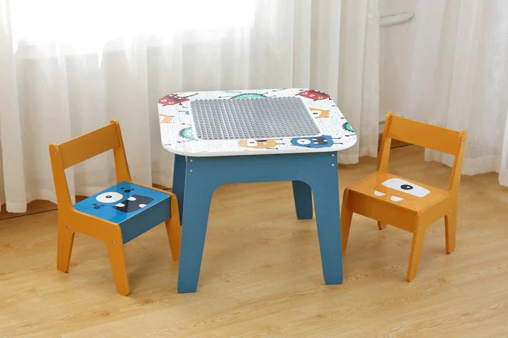 Dječiji Sto sa 2 Stolice, Set – Dvostrani, za Učenje, Crtanje i LEGO Konstrukcije – MONSTER