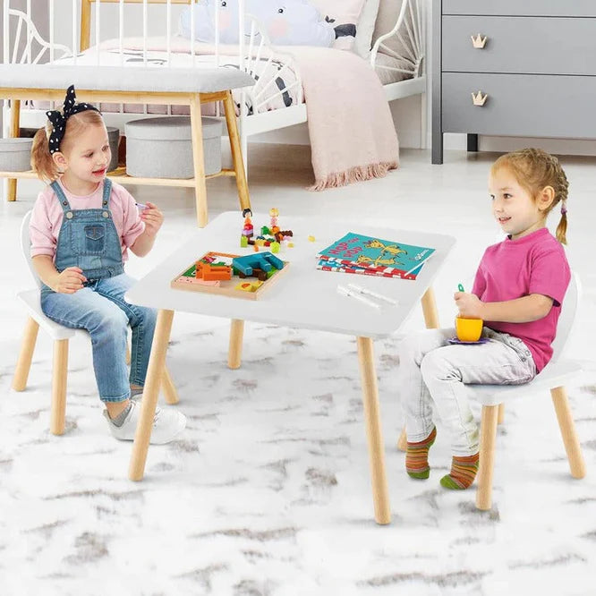 Dječiji Drveni Sto sa 2 Stolice BUNNY, Set za Učenje, Crtanje, Igru i Obroke, Bijeli