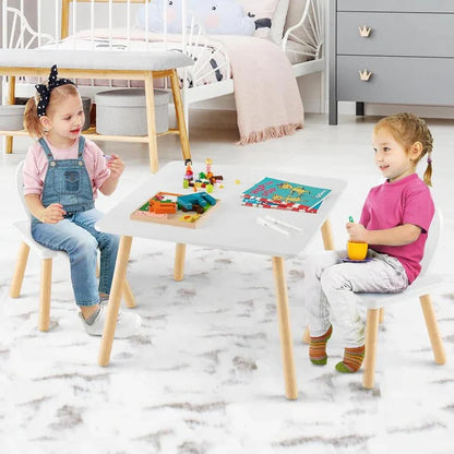 Dječiji Drveni Sto sa 2 Stolice BUNNY, Set za Učenje, Crtanje, Igru i Obroke, Bijeli