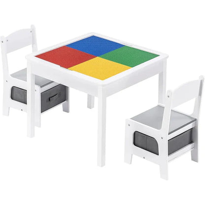 Dječiji Stol sa 2 Stolice, Dvostrani, Drveni Set za Učenje, Crtanje, Pisanje i Slaganje LEGO Konstruktora - WHITE/GRAY