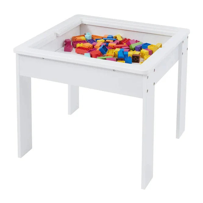 Dječiji Stol sa 2 Stolice, Dvostrani, Drveni Set za Učenje, Crtanje, Pisanje i Slaganje LEGO Konstruktora - WHITE/GRAY