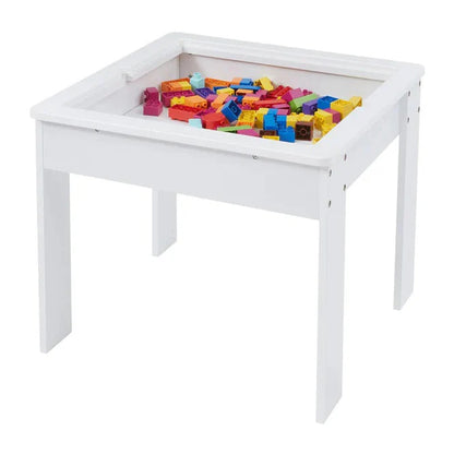 Dječiji Stol sa 2 Stolice, Dvostrani, Drveni Set za Učenje, Crtanje, Pisanje i Slaganje LEGO Konstruktora - WHITE/GRAY