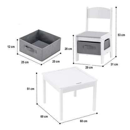 Dječiji Stol sa 2 Stolice, Dvostrani, Drveni Set za Učenje, Crtanje, Pisanje i Slaganje LEGO Konstruktora - WHITE/GRAY