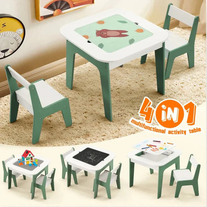 Dječija Masica sa Stolicama 4 u 1 GINGER HOME, 2 Ploče, Crna Tabla i Ploča za LEGO Konstruktore, FOREST