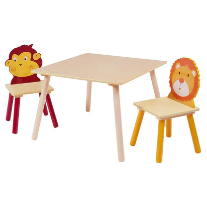 Dječiji Drveni Sto sa 2 Stolice, Set za Učenje, Igru, Crtanje i Obroke - ANIMALS