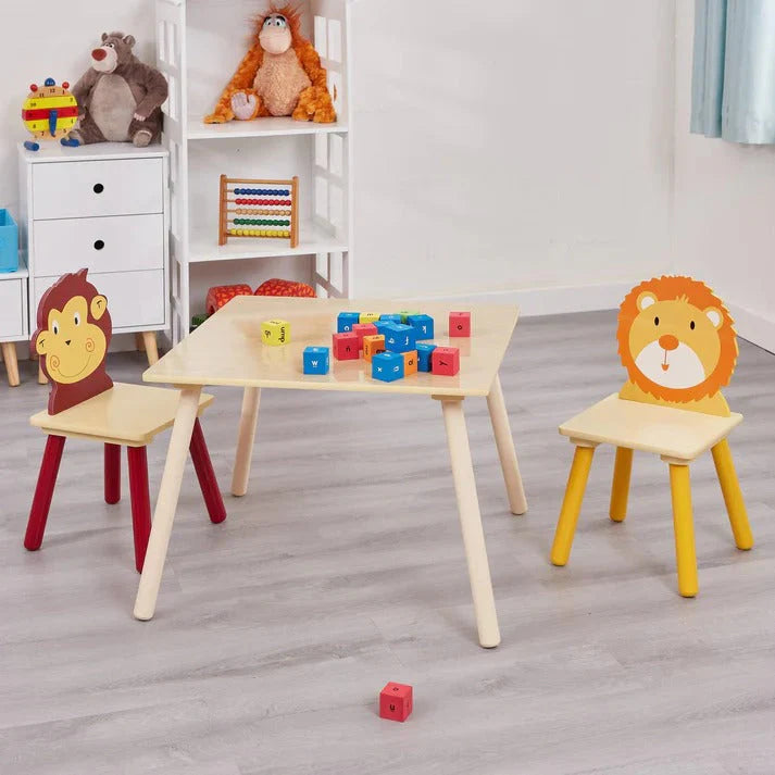 Dječiji Drveni Sto sa 2 Stolice, Set za Učenje, Igru, Crtanje i Obroke - ANIMALS
