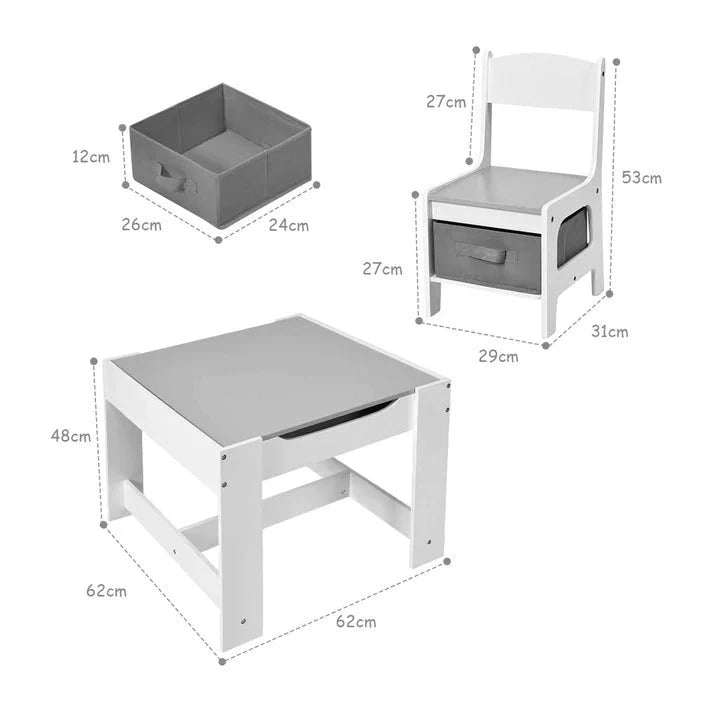Dječiji Sto sa Stolicama, Dvostrani, sa Crnom Tabom, 2 u 1 za Igru i Skladištenje - WHITE/GREY