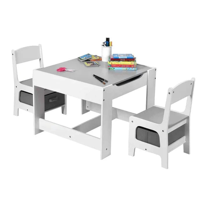 Dječiji Sto sa Stolicama, Dvostrani, sa Crnom Tabom, 2 u 1 za Igru i Skladištenje - WHITE/GREY