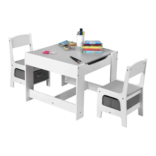 Dječiji Sto sa Stolicama, Dvostrani, sa Crnom Tabom, 2 u 1 za Igru i Skladištenje - WHITE/GREY