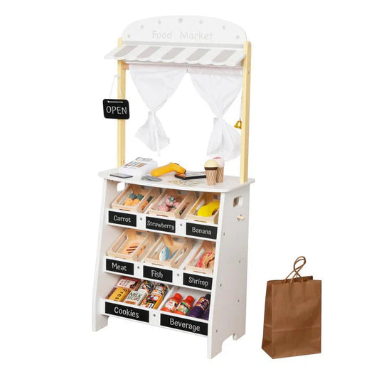 Drvena Dječija Prodavnica i Pozorište 2 u 1 GINGER HOME, sa Kasom, POS Terminalom i Skenером sa Zvukom, Igračke i Dodaci, 45x24x97.5 cm, za Djecu 3+