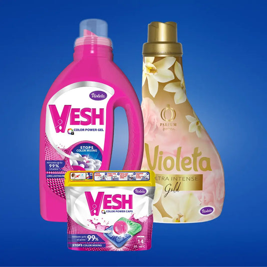 Vesh Mjesečni Refresh pack Gold - koncentrirani color gel 3L + kapsule 14/1 + Violeta omekšivač 1,55L