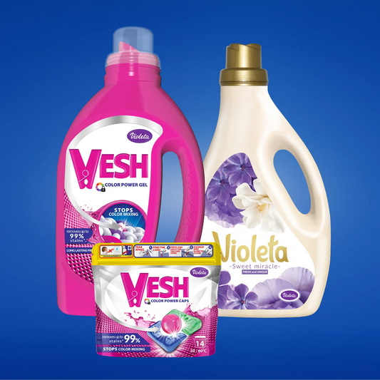 Vesh Mjesečni Refresh pack Sweet Miracle - koncentrirani color gel 3L + kapsule 14/1 + Violeta omekšivač 2,7L