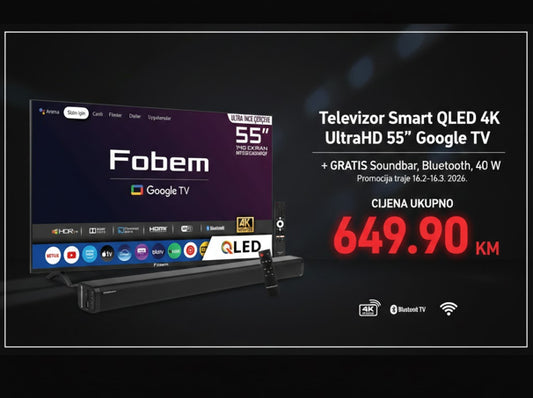 Fobem Televizor Smart QLED 4K UltraHD 55", Google TV + GRATIS Soundbar, Bluetooth, 40 W