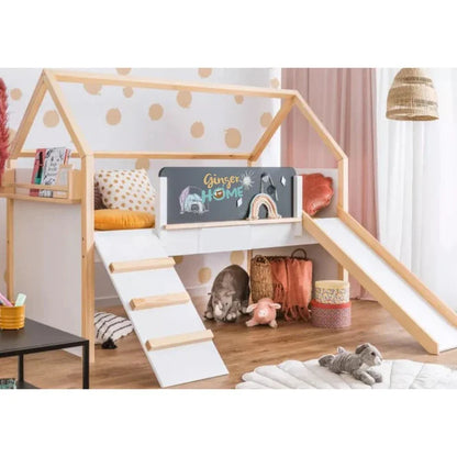 Dječiji Krevet Kućica GINGER HOME, Montessori, Dvospratni, Sa Toboganom, Crna Tabla, Podnica 90x200 cm