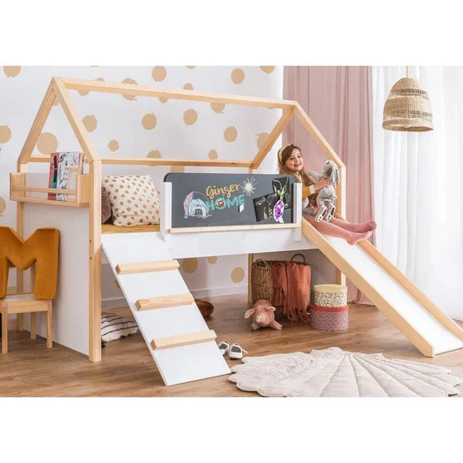 Dječiji Krevet Kućica GINGER HOME, Montessori, Dvospratni, Sa Toboganom, Crna Tabla, Podnica 90x200 cm
